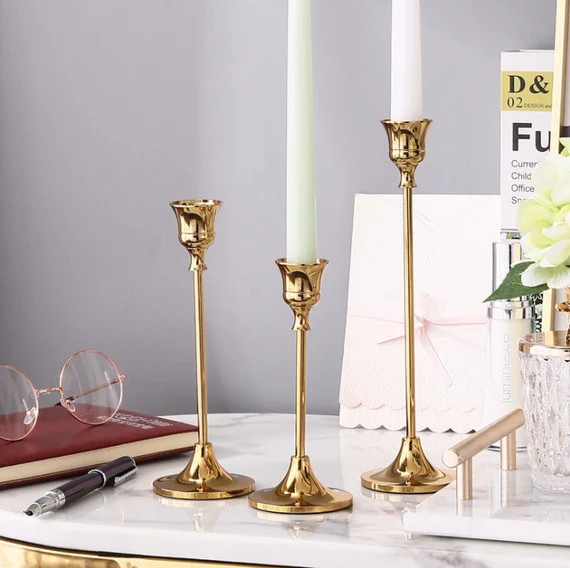 Set of 3 Candlesticks Holder French Gold Taper Candles Holder for Holiday Dinner Decorative Taper... | Etsy (US)