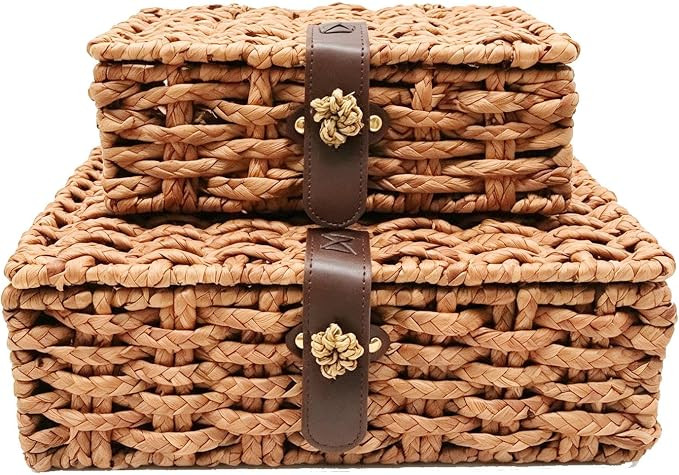 Set of 2 Seagrass Storage Boxes with Lid | Rectangular woven shelf baskets for table home decor &... | Amazon (US)