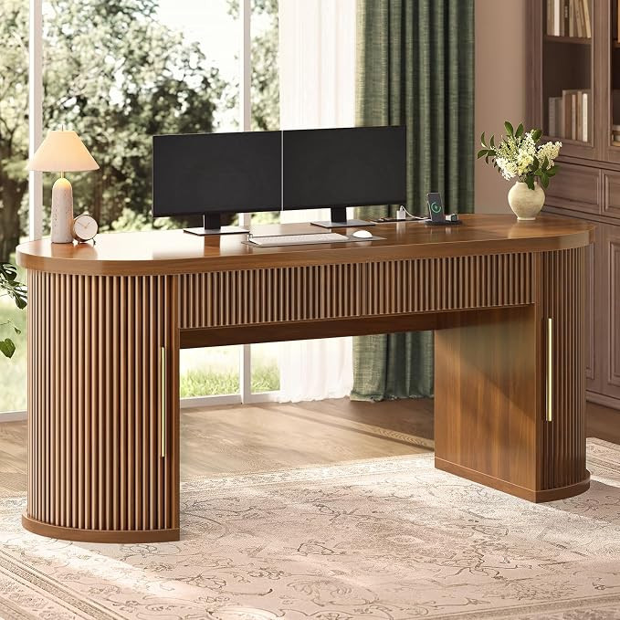 SEDETA 58.3" x 21.7" Fluted Office Executive Desk with 2 Drawers Storage | Amazon (US)