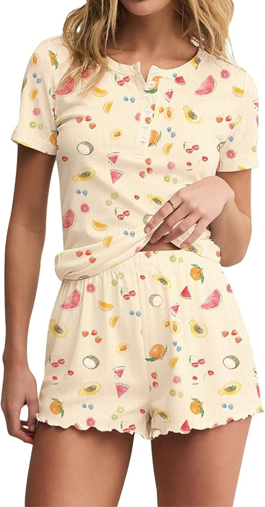 LEEDYA Women Cute Pajama Sets 2 Piece Floral Print Short Sleeve Button Shirt and Shorts Y2K Pj Se... | Amazon (US)