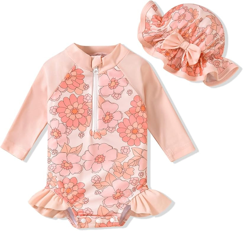 Aalizzwell Baby Girls Long Sleeve One Piece Swimsuit with Hat | Amazon (US)