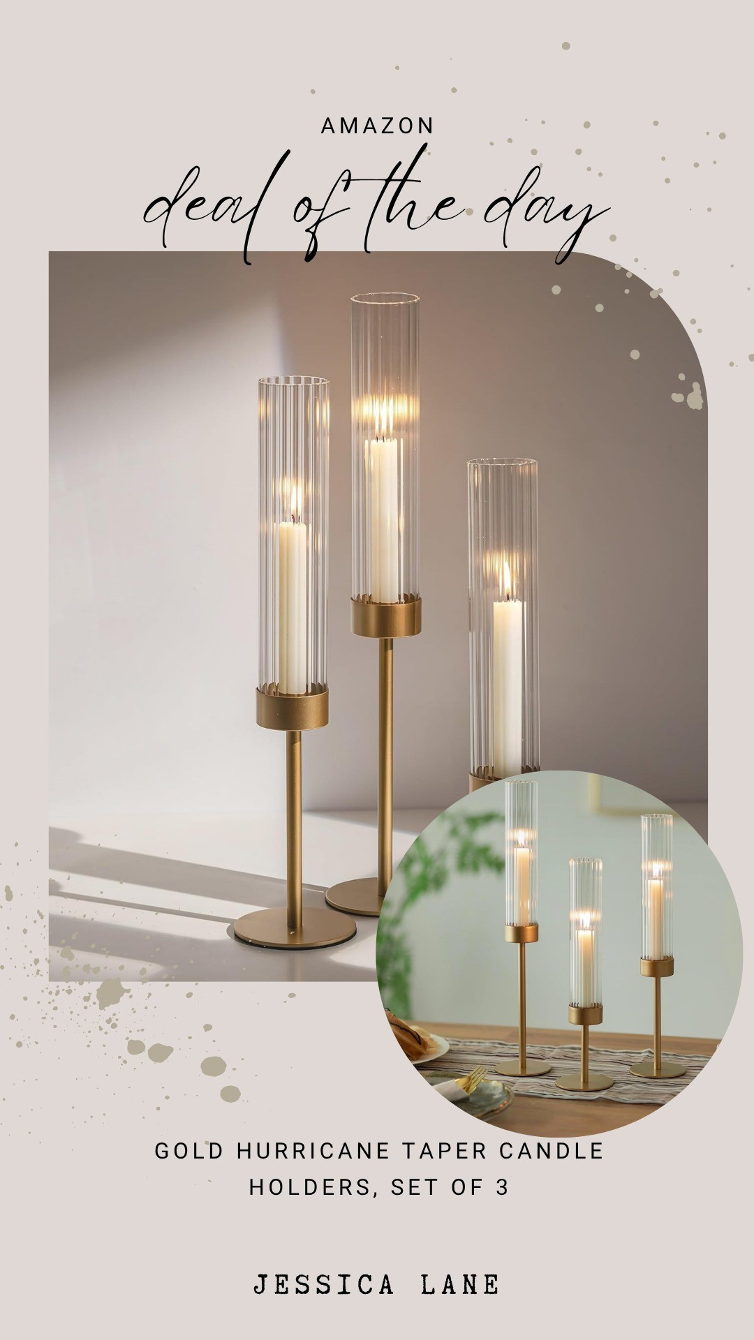 Create a cozy atmosphere with this set of 3 gold hurricane taper candle holders. They are ideal for adding a warm, decorative touch to your dining table or mantle.#tablescape #homedecor #candlelight #amazondeals

#LTKSaleAlert #LTKHome #LTKSeasonal