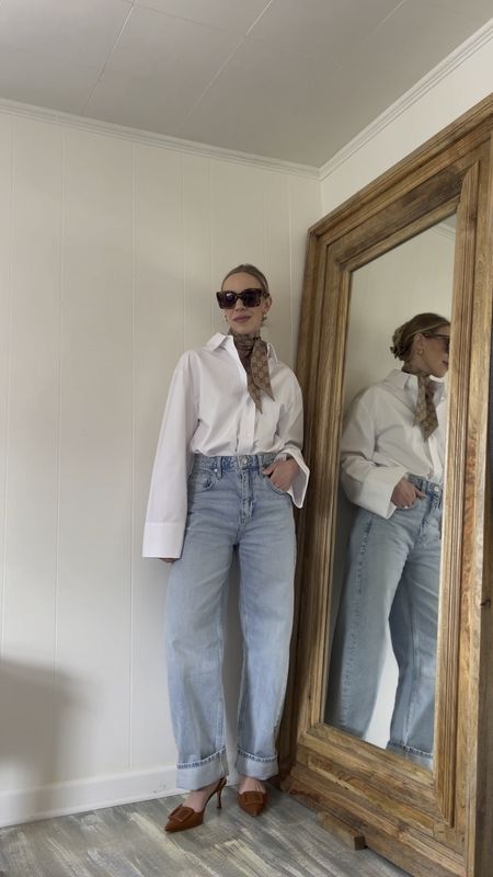 Spring outfit with oversized white button down shirt, silk neck scarf, barrel jeans, slingback pumps

#LTKSeasonal #LTKVideo #LTKover40