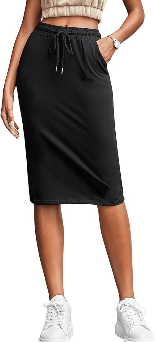 Verdusa Women's Drawstring Elastic Waist Midi Bodycon Skirt with Pocket | Amazon (US)