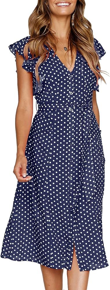 MITILLY Women's Boho Polka Dot Flutter Short Sleeve V Neck Button Down Swing Midi Dress with Pock... | Amazon (US)