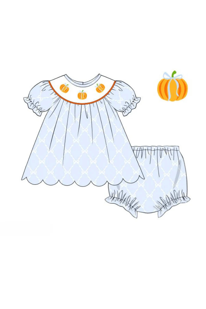 Pre-Order Smocked Blue Trellis Pumpkin Bloomer Set | The Smocked Flamingo