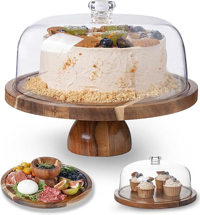 Kanwone Acacia Wood Cake Stand with Acrylic Lid (Not Glass) - 12in Cake Plate, 2-in-1 Multi-Funct... | Amazon (US)