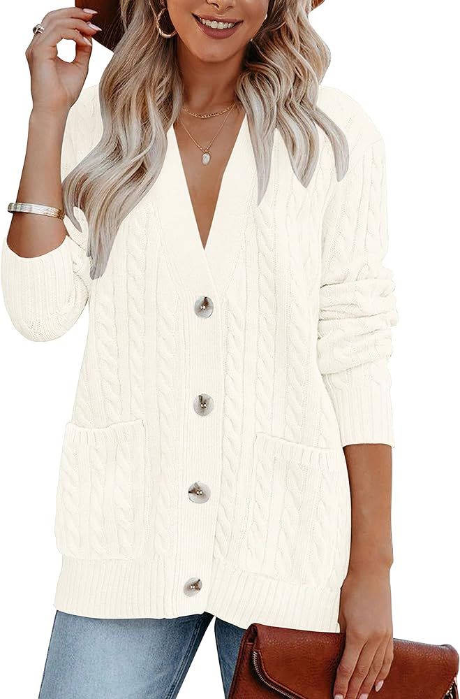 MEROKEETY Women's Long Sleeve Cable Knit Button Cardigan Sweater Open Front Outwear Coat with Pocket | Amazon (US)