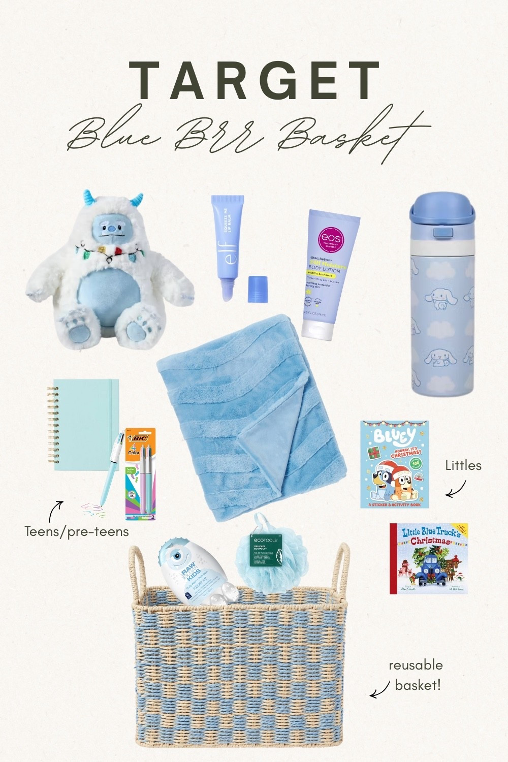 💙 Blue BRR Basket gift ideas for kids and teens ❄️ 
This blue-themed BRR basket is such a fun way to mix and match gifts based on age.
 
I love that the blue basket itself can be reused later for storage, toys, books, or bedroom organization. No waste and still so cute. 

💙 Inside this theme you’ll find cozy and practical favorites like notebooks and pens, plushies, an ultra-soft throw blanket, lotion, unscented kids body wash, books for younger kids, and lip balm for older kids, preteens, and teens. Easy to customize for anyone! 

You can lean fully into a snowflake winter theme or keep it simple with a clean blue color palette. Either way it makes gifting feel thoughtful and fun. ❄️✨ 

🔍 blue BRR basket ideas, Target gift ideas, gifts for kids, gifts for teens, preteen gift ideas, winter gift baskets, non candy gifts, cozy gift ideas, stocking stuffer alternatives, holiday gift ideas, blue themed gifts, gifts for boys, gifts for girls, reusable gift baskets, winter gifts for kids, Target finds, LTK gift guide 


#LTKFindsUnder100 #LTKFindsUnder50 #LTKSaleAlert