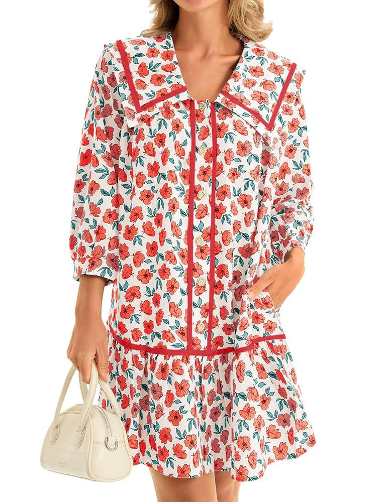 Wenrine Womens Casual Shirt Dresses 3/4 Long Sleeve Floral Button Down Flowy Babydoll Fall Mini D... | Amazon (US)
