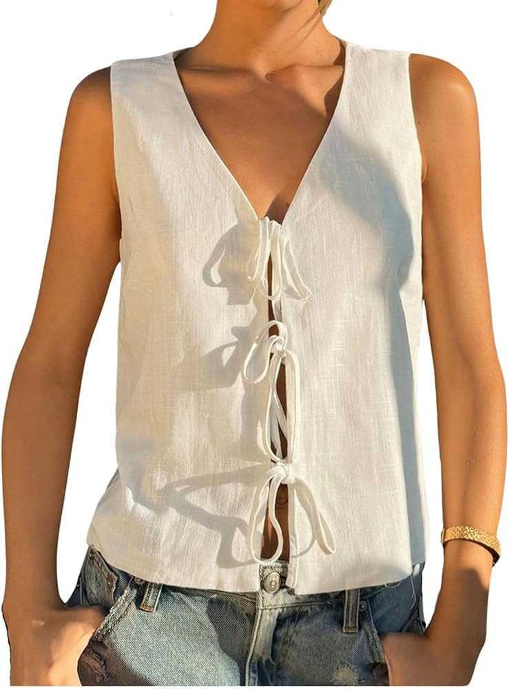 Verdusa Women's Old Money Clothes Bow Tie Front Vest Sleeveless V Neck Summer Cardigan Tank Tops | Amazon (US)