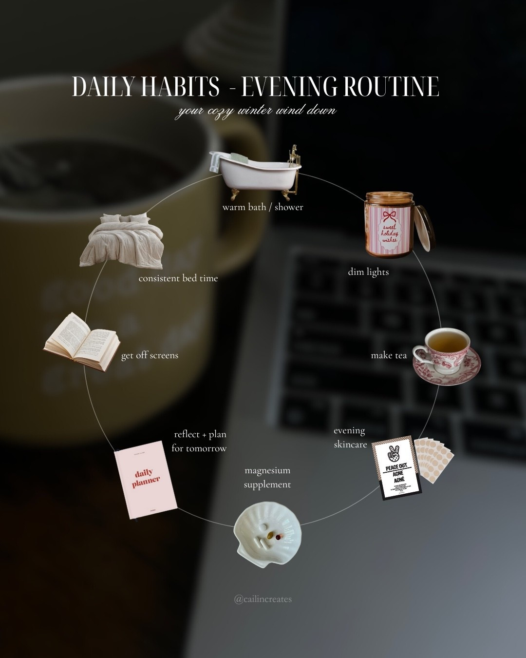 DAILY HABITS - MORNING ROUTINE 

Your evening routine sets the tone for your sleep, so having a routine full of mindful and calming habits is important. Doing things like reading and having a warm bath can help to unwind. 



#LTKsale #LTKholiday #LTKwinter