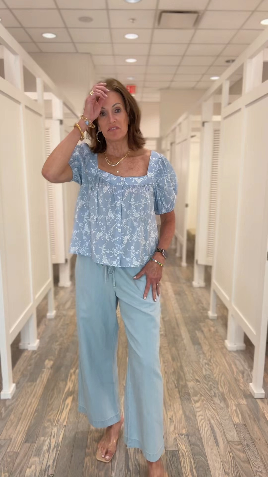 Square neck top - large 
Pull on chambray pants- medium regular 
Available in petite/ regular/ tall

Spring outfit 
Vacation style 
Workwear 

#LTKMidsize #LTKTall #LTKSaleAlert