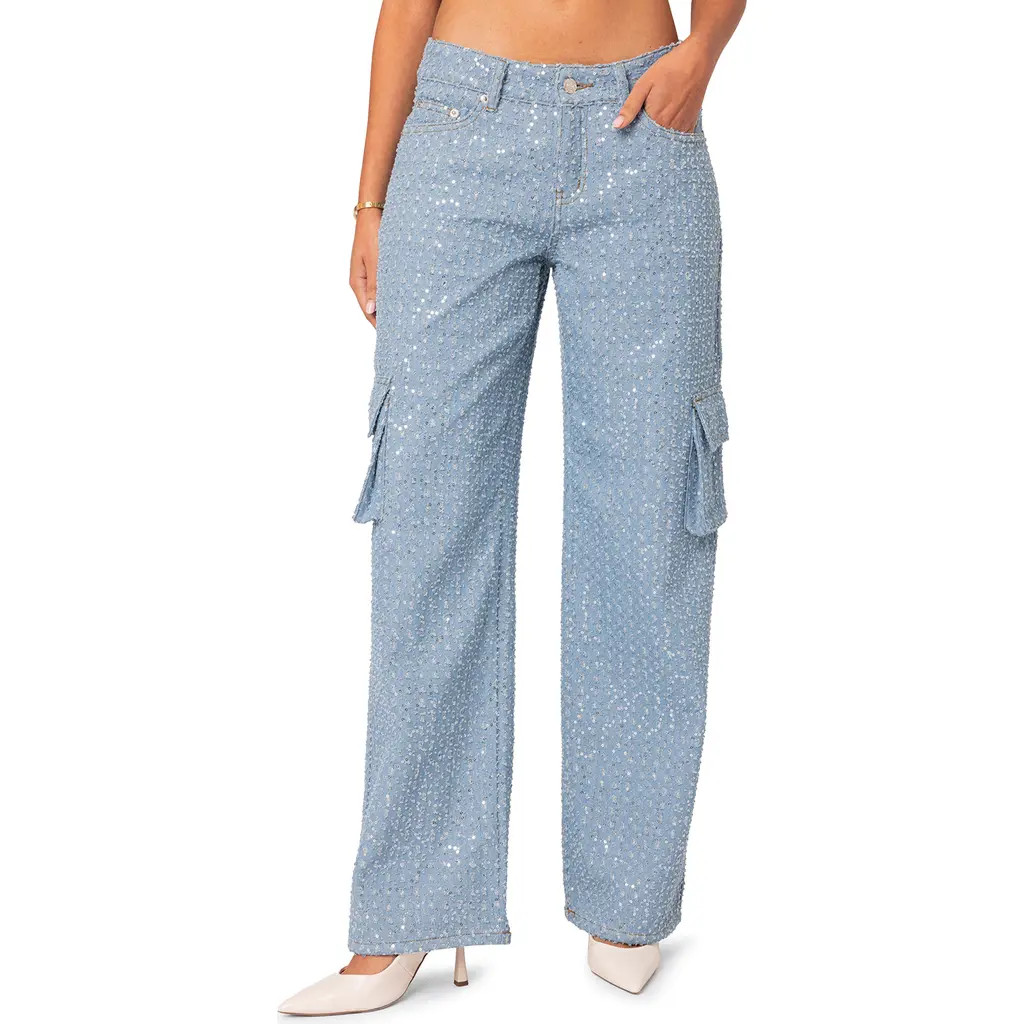 EDIKTED Icing Sequin Low Rise Cargo Jeans in Light-Blue at Nordstrom, Size Small | Nordstrom