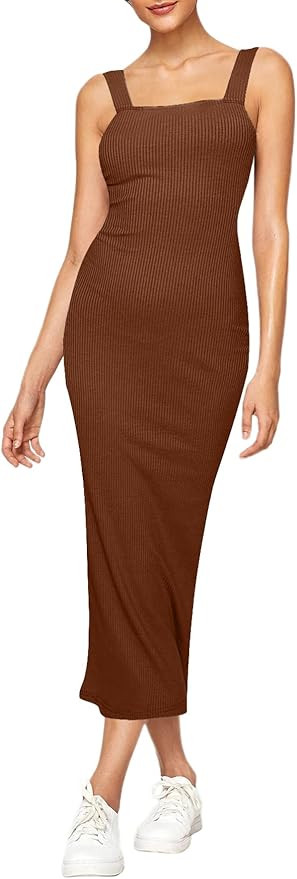 Verdusa Women's Sleeveless Slit Back Ribbed Bodycon Midi Tank Dress | Amazon (US)