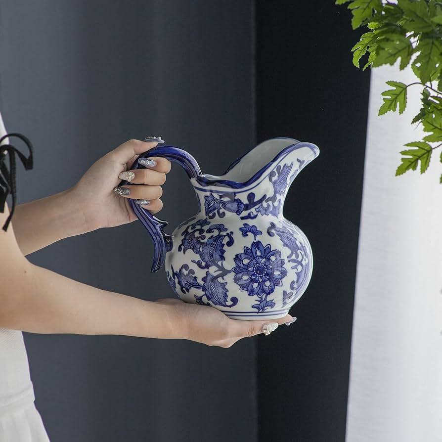 A&B Home Ceramic Pitcher with Handle-Coffee Milk Creamer Pitcher for Kitchen, Flower Pattern Blue... | Amazon (US)