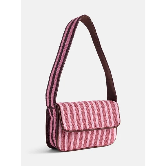 Free Assembly Women's Beaded Striped Flap Shoulder Bag, Pink | Walmart (US)