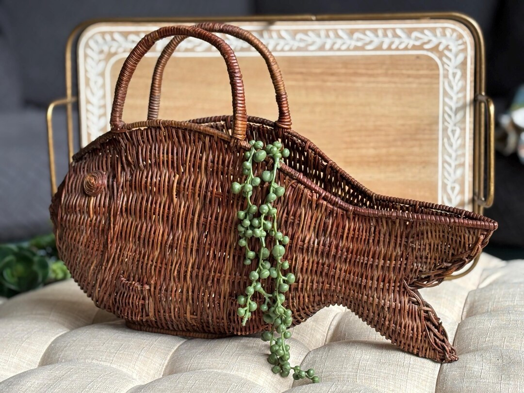 Vintage Brown Wicker Fish Purse Bag Basket With Handles Nautical Cabin Summer Unique Wicker - Ets... | Etsy (US)