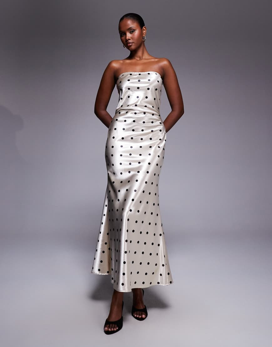 Rare London satin polka dot bandeau maxi dress in cream and black-White | ASOS (Global)
