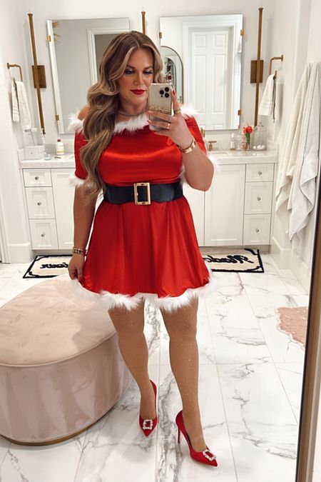curvy sexy off the shoulder Mrs Claus outfit for my Christmas party! wearing size xl in dress and embellished tights! 

#LTKHoliday #LTKunder50 #LTKcurves