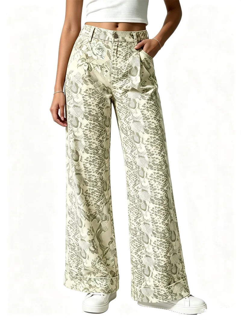 Floral Print Women Long Jeans Wide Leg Casual Denim Pants | Walmart (US)