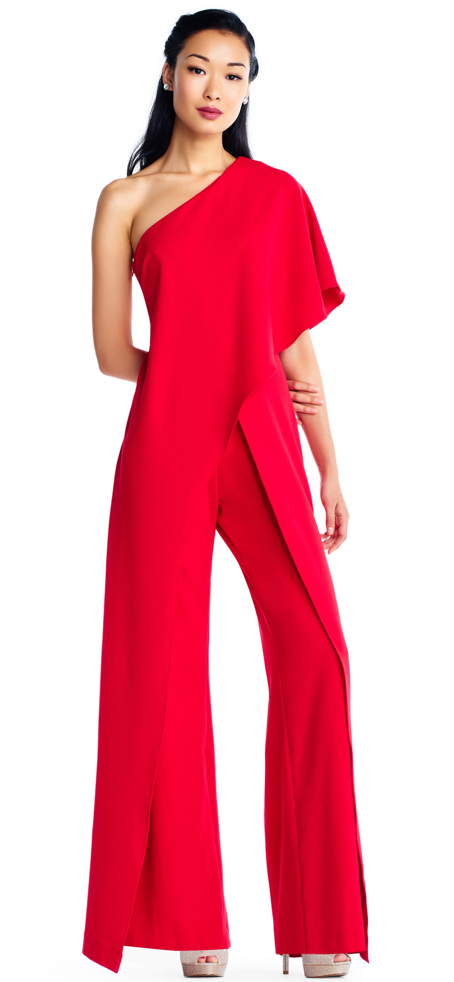 Adrianna Papell Flutter One Shoulder Jumpsuit, Red, Size: 0 | Adrianna Papell