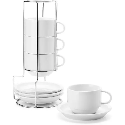 SWEEJAR Porcelain Cappuccino Cups with Saucers and Metal Stand, 8