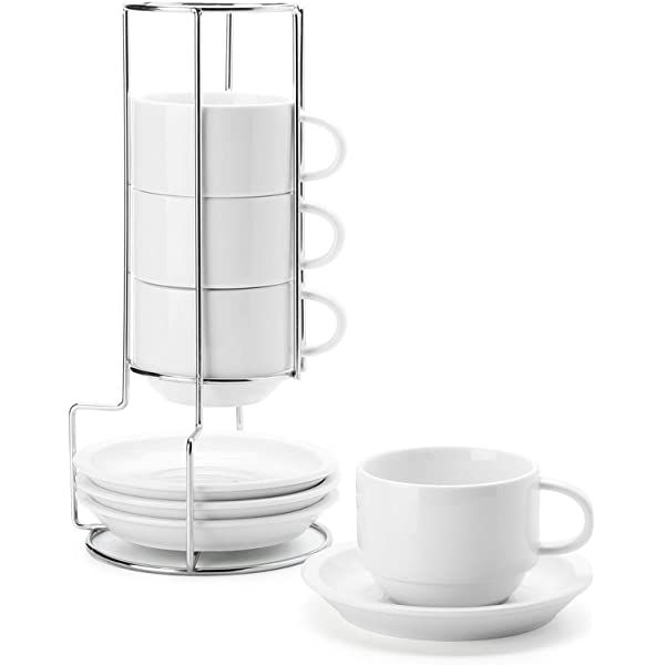 SWEEJAR Porcelain Espresso Cups with Saucers, 4 Ounce Stackable Cappuccino Cups with Metal Stand for | Amazon (US)