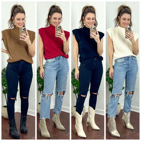 Recap on this sweater because I LOOOOOVE it! 😆 Love the neck on it as well as the “cap” sleeve shoulder pad look. It’s a great length to front tuck without any bulk. I’m wearing a small. Comes in lots of colors. Wearing a 0 short in the black skinny jeans and a 25 in distressed mom jeans. All boots are TTS except pic 3 - sized up 1/2 size in those. 

#LTKSeasonal #LTKHoliday #LTKunder50