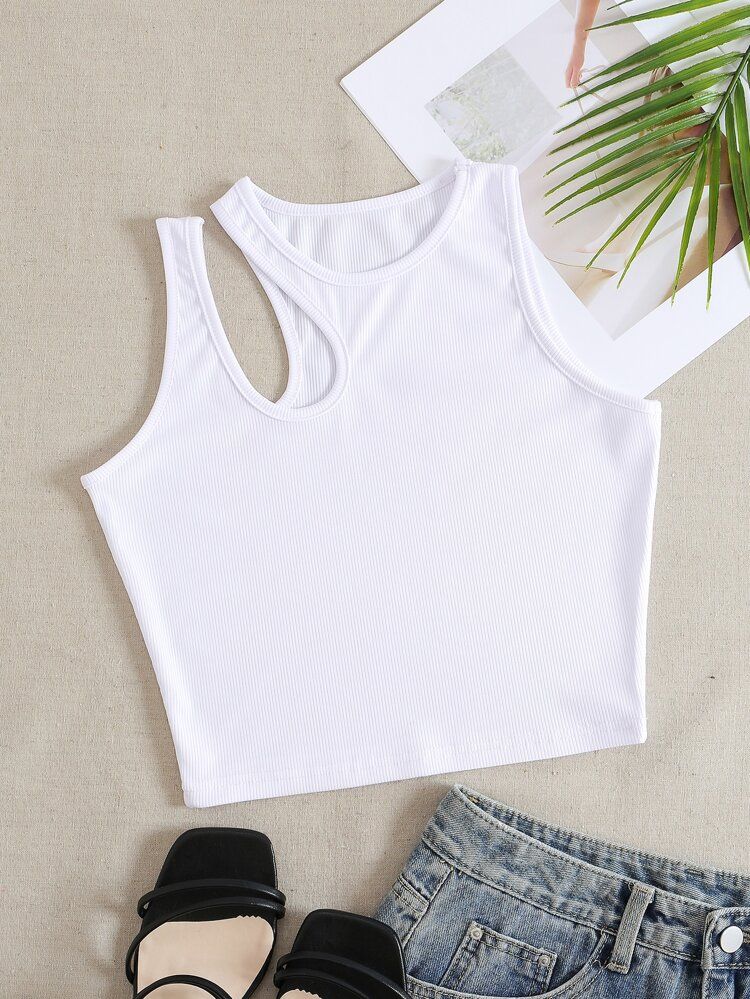 Solid Cut Out Shoulder Crop Tank Top | SHEIN