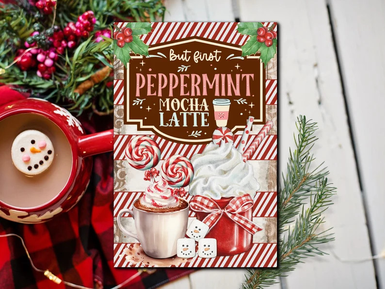 Christmas Coffee Bar Sign, Peppermint Mocha Latte, Coffee Lover, Holiday Kitchen Wall Art, Digita... | Etsy (US)