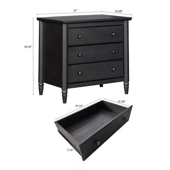 My Texas House Monroe 3-Drawer Nightstand with USB, Raven Black Oak | Walmart (US)