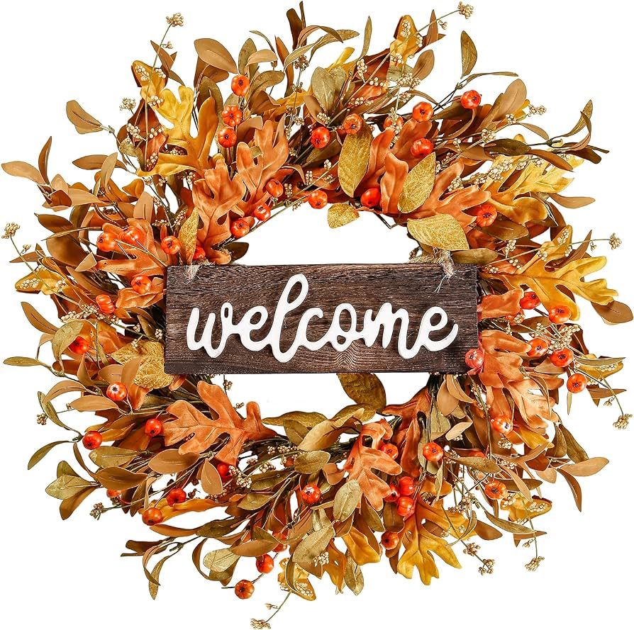 Sggvecsy Artificial Fall Wreath 18’’ Autumn Front Door Wreath Harvest Wreath with Fall Leaves... | Amazon (US)