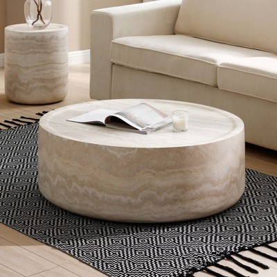 GDFStudio Virello 35.43'' Round Fiberglass Faux Travertine Textured Coffee Table, Marble | Target