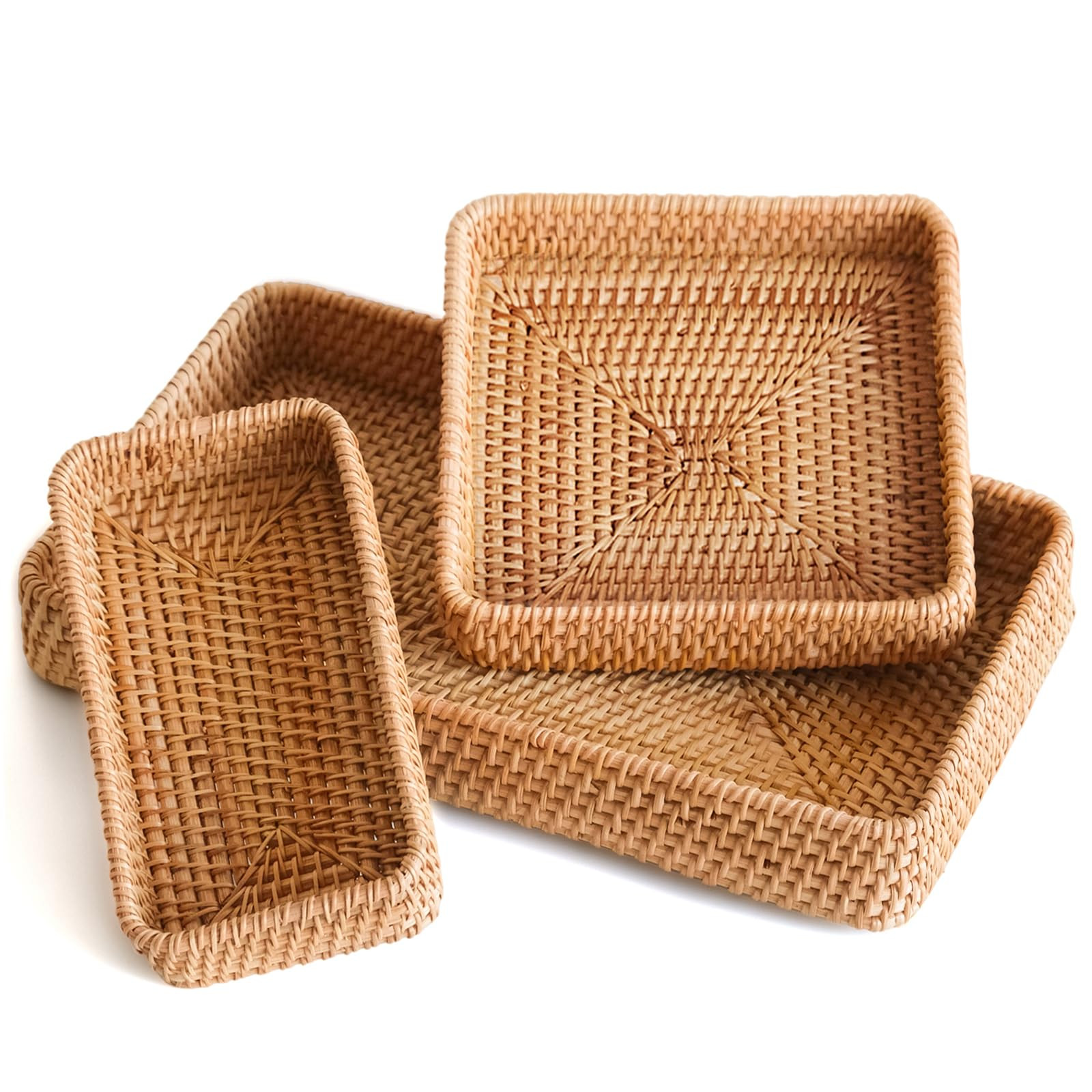 Rattan Serving Tray, Including 3 Sizes of Woven Wicker Rectangle Trays & Shallow Basket Trays. De... | Amazon (US)