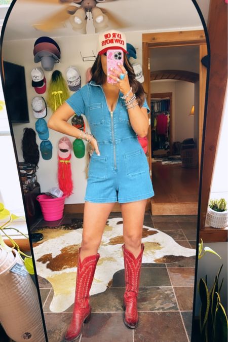 Rock the country outfit America red white and blue - July 4th Memorial Day - music festival - country music concert outfit  idea  cowboy boots  cowgirl boots 
Denim romper - show me your mumu - trucker hat turquoise turquoise jewelry sterling silver 

#LTKFestival #LTKFindsUnder100 #LTKStyleTip