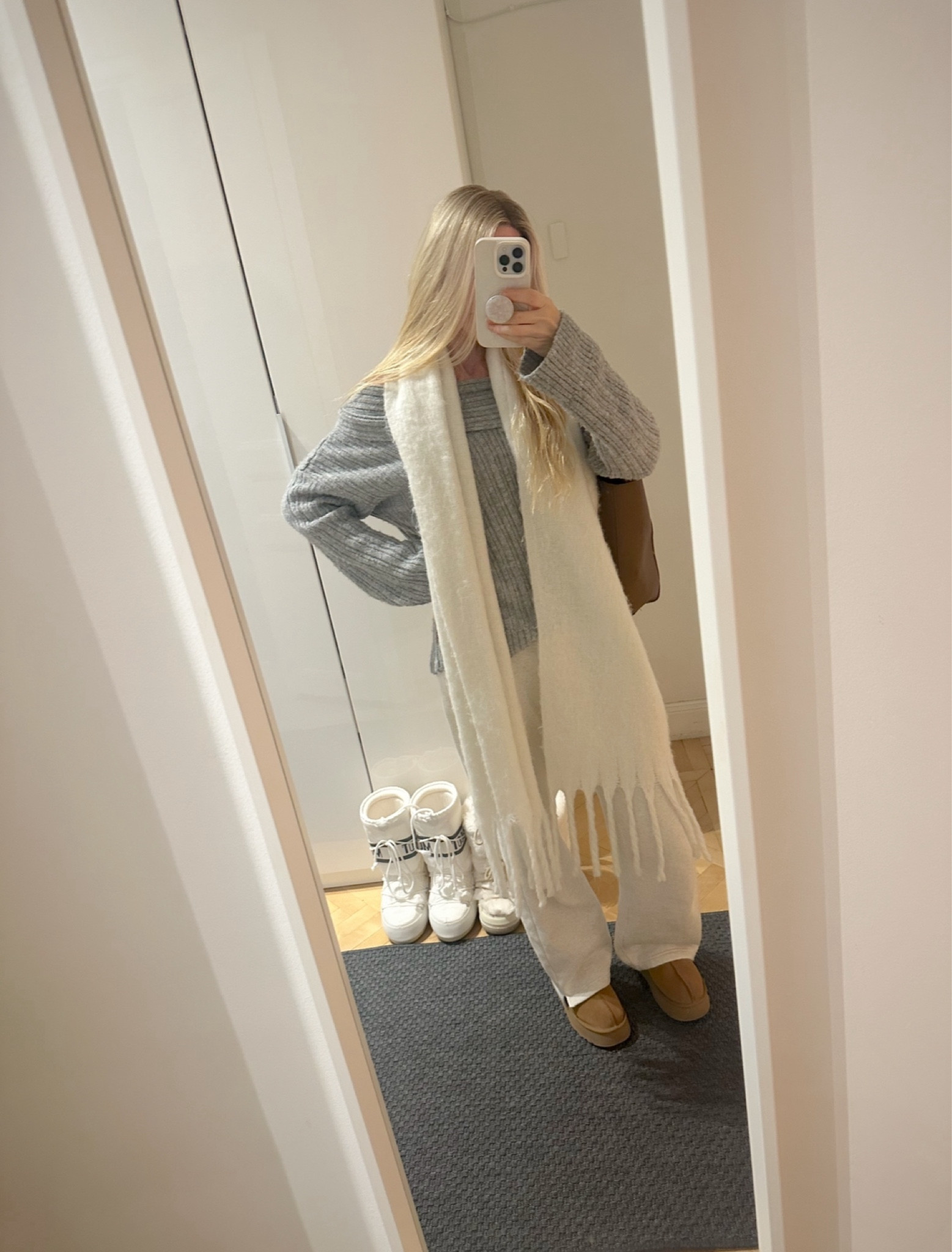 Grey off shoulder sweater 
Winter outfit 
Pinterest winter outfit
Long white scarf 
Ugg tazz platform 
White moon boots
Wide leg sweatpants 
Winter phone case 
Fur moon boots 
Comfy winter outfit
Casual winter outfit


#LTKFindsUnder100 #LTKShoeCrush #LTKSeasonal