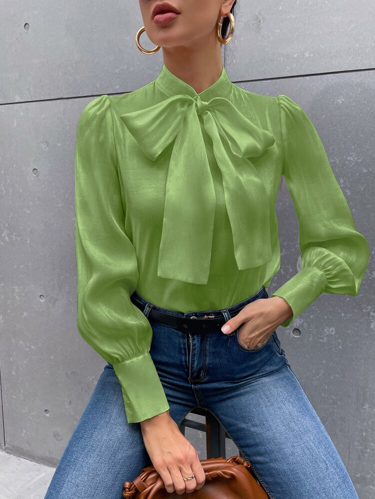 Tie Neck Puff Sleeve Satin Blouse | SHEIN