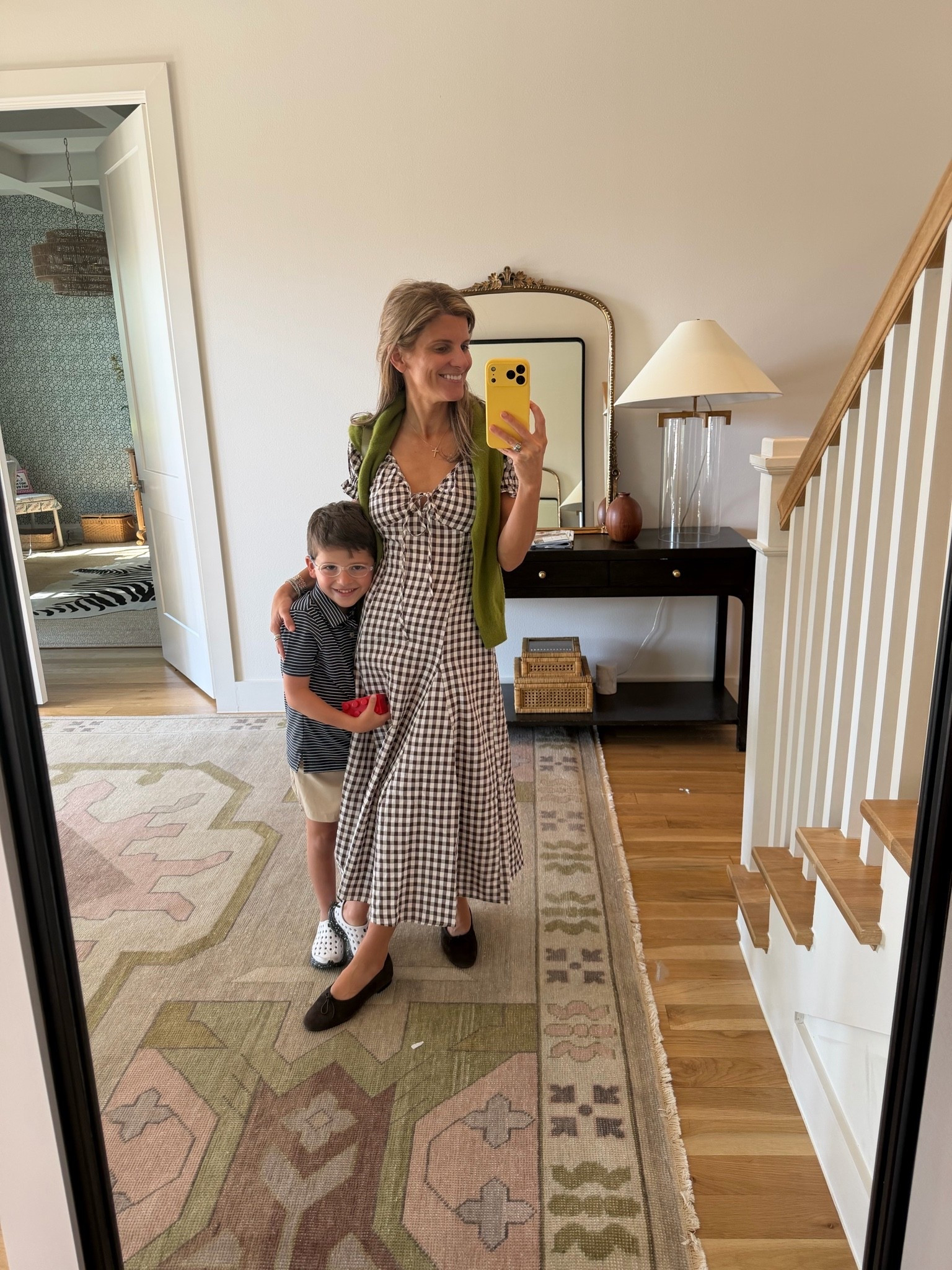 Brown gingham Anthropologie midi dress w green accessories! Wearing XSp