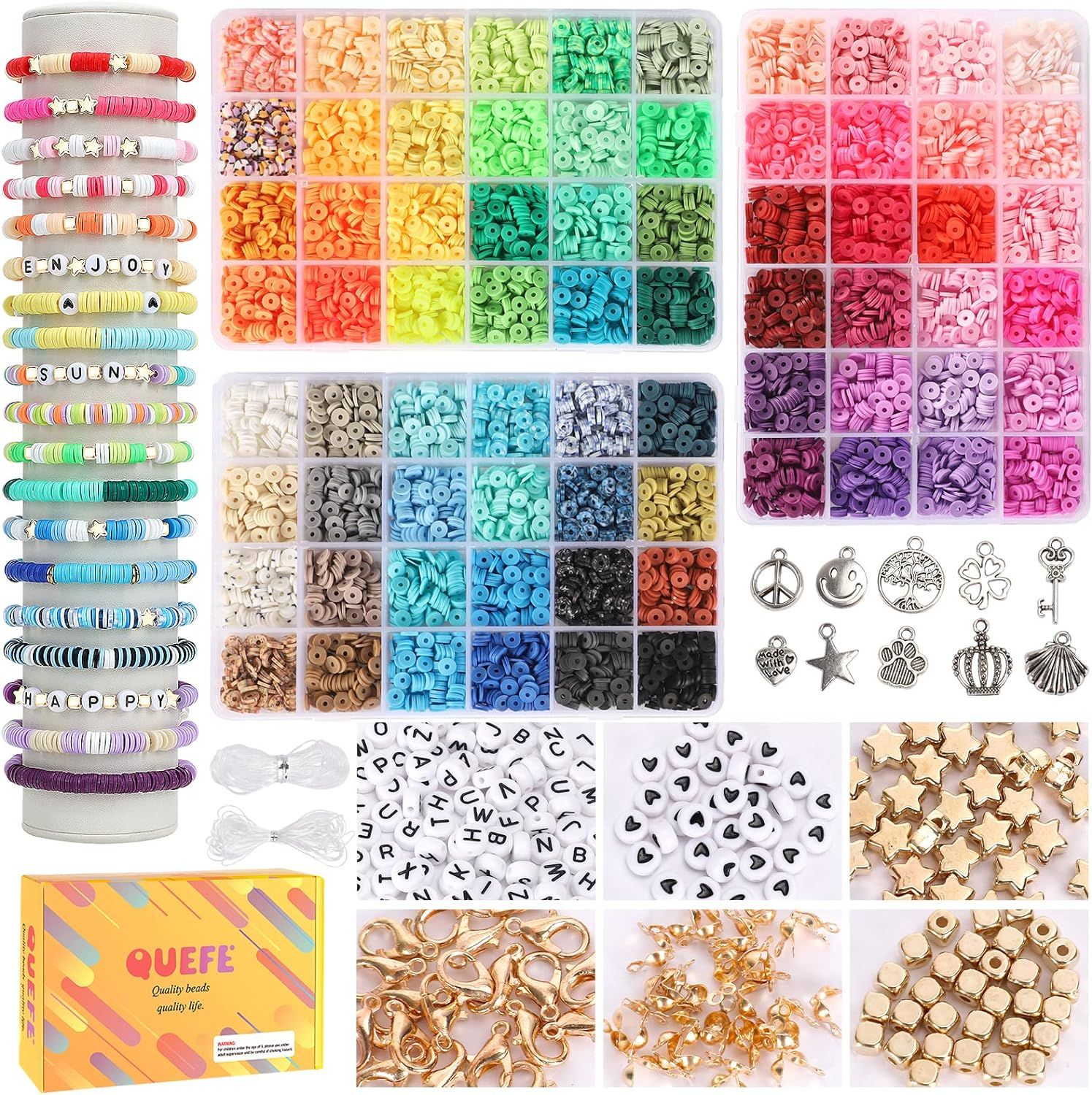 QUEFE 9000pcs, 72 Colors Clay Beads for Bracelet Making Kit for Girls 8-12, Polymer Heishi Letter... | Amazon (US)