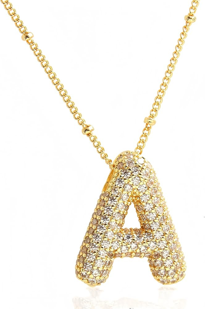 Amazon.com: REALHUNLEE 18k Bubble Letter Necklace Gold A for Women, Rhinestone Gold A-Z Bubble In... | Amazon (US)