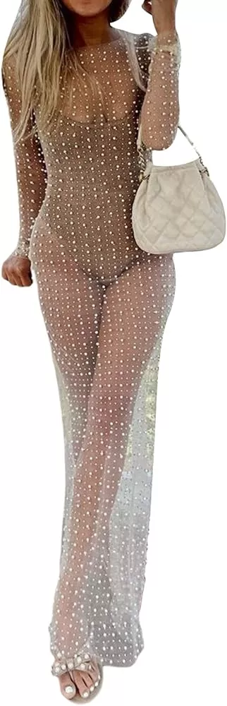 Women's Rhinestone Mesh Dress Pearl Cover Up Dress Sexy Sheer Coverups for  Swimwear Bikini Bathing Suit Beachwear