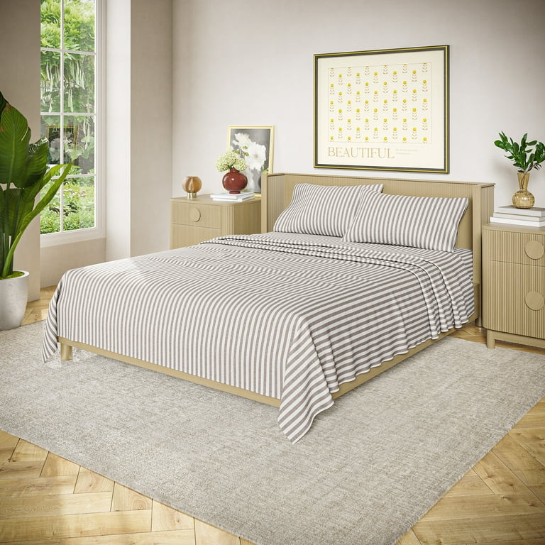Beautiful Striped 4-Piece 100% Cotton Percale Natural Sheet Set, King by Drew Barrymore | Walmart (US)