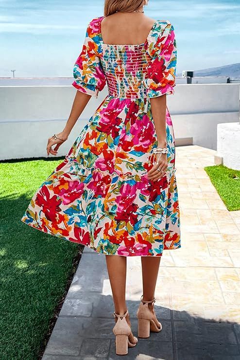 PRETTYGARDEN Women's Summer Casual Midi Dress Spring Puff Sleeve Square Neck A-line Flowy Boho Fl... | Amazon (US)