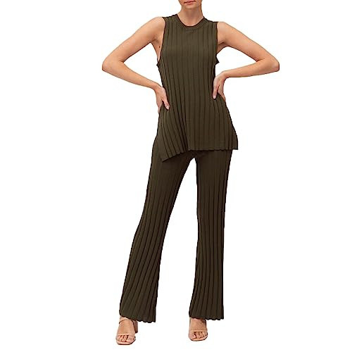 Seyurigaoka Sexy Two Pieces Knit Pants Set for Women Y2K 2Pcs Matching Set Strapless Tube Top Pleated Wide Leg Flare Pants Suit (Knitted Coffee, S) | Amazon (US)