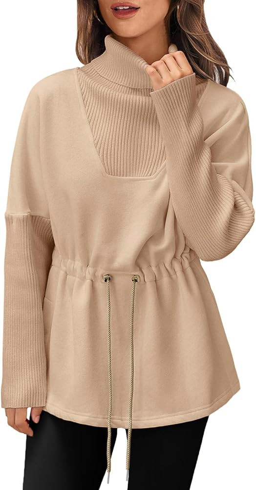 Fisoew Women's Turtleneck Sweatshirts Fleece Drawstring Waist Casual Long Sleeve Pullover Sweater... | Amazon (US)