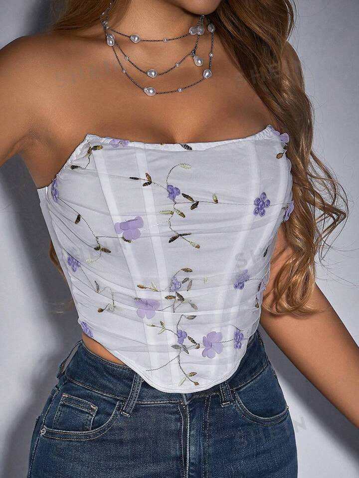 SHEIN BAE Women's Strapless Embroidered Floral Blouse | SHEIN