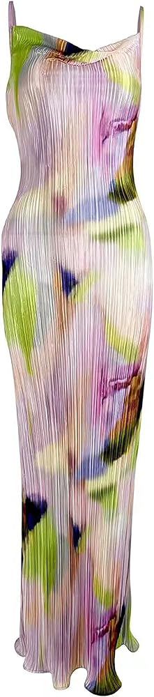 Jelly Brynn Cowl Neck Printed Plisse Maxi Dress Sleeveless Tank Dress Summer Beach Dresses | Amazon (US)