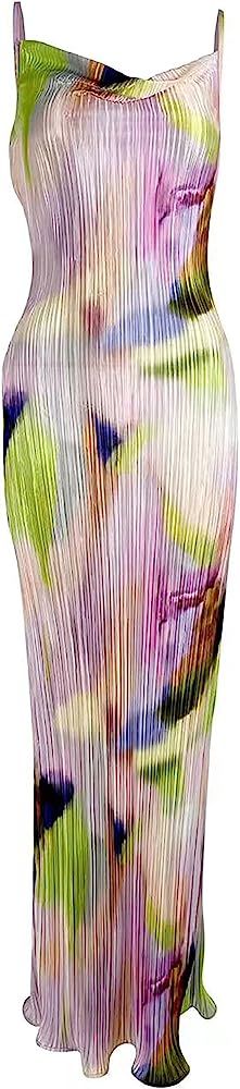 Jelly Brynn Cowl Neck Printed Plisse Maxi Dress Sleeveless Tank Dress Summer Beach Dresses | Amazon (US)