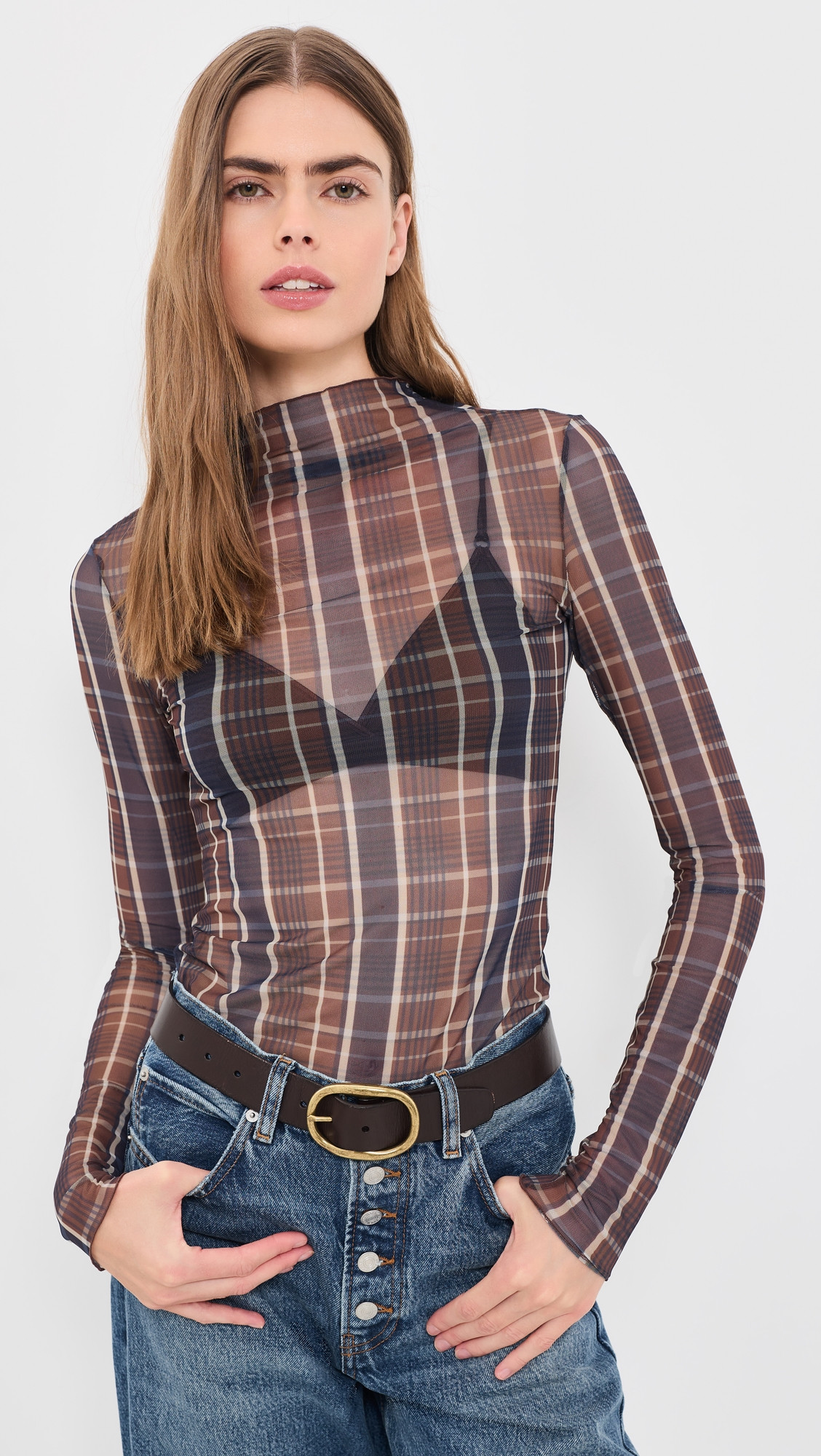 Favorite Daughter The Sheer Fantasy Top Toffee Plaid S | Shopbop